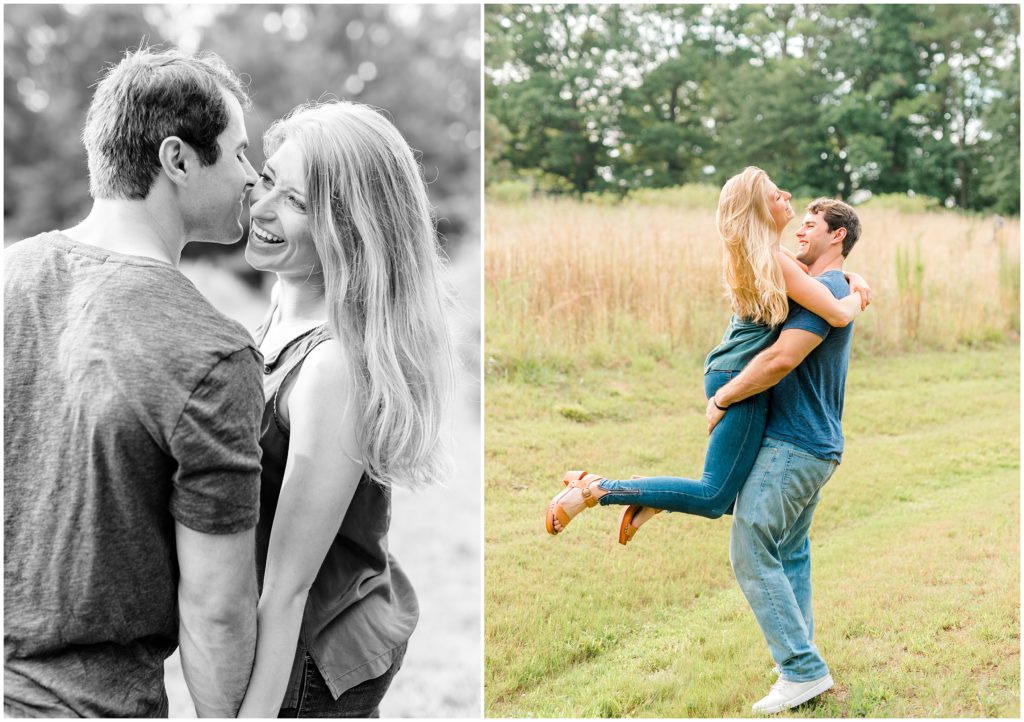 frolicking Yates Mill Engagement Session Couple in field
