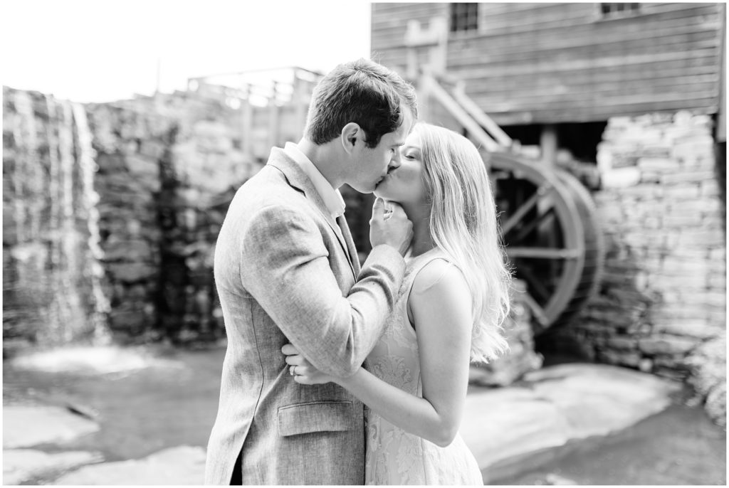 Black and White Yates Mill Engagement Session Couple at mill