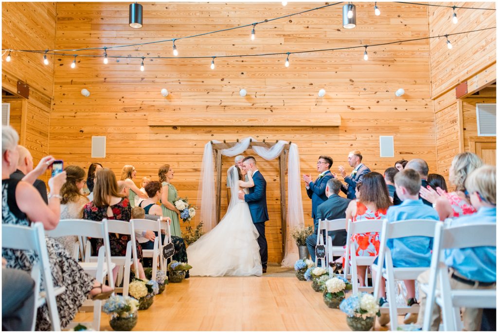 Wedding ceremony first kiss Chapel Hill, North Carolina
