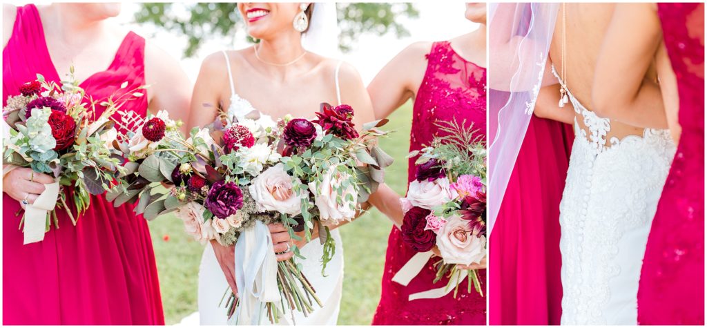 red and maroon bouquet bridal protraits the ruby cora with bridesmaids