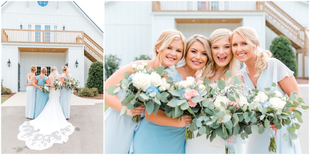 Bride and bridesmaids with bouquets outside | Carolina Barn, Spring Lake NC | by Kaitlyn Blake Photography