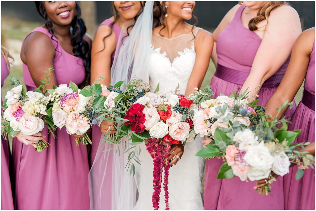 Bride and Bridesmaid Bouquets with mauve dresses | The Firehouse Goldsboro Wedding | by Kaitlyn Blake Photography | Fall Elegant Wedding 