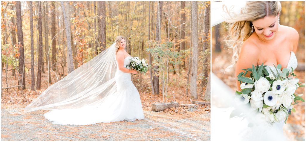 Bride with Fall leaves | The Barn of Chapel Hill | by Kaitlyn Blake Photography | Fall Elegant Wedding 