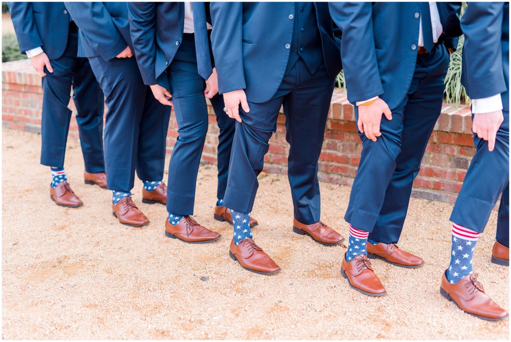 Groom and Groomsmen Navy Suits American Flag Socks | The Barn of Chapel Hill | by Kaitlyn Blake Photography | Fall Elegant Wedding 
