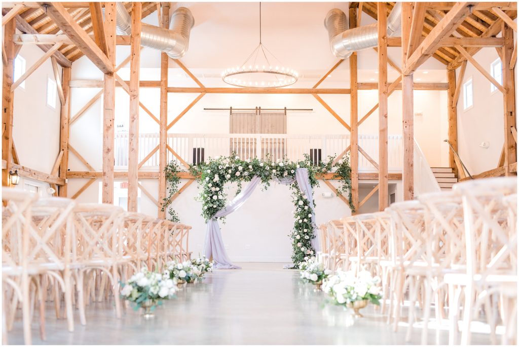 Inside Reception with Flower Arch | The Barn of Chapel Hill | by Kaitlyn Blake Photography | Fall Elegant Wedding 