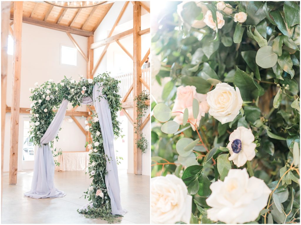 Inside Reception with Flower Arch | The Barn of Chapel Hill | by Kaitlyn Blake Photography | Fall Elegant Wedding 