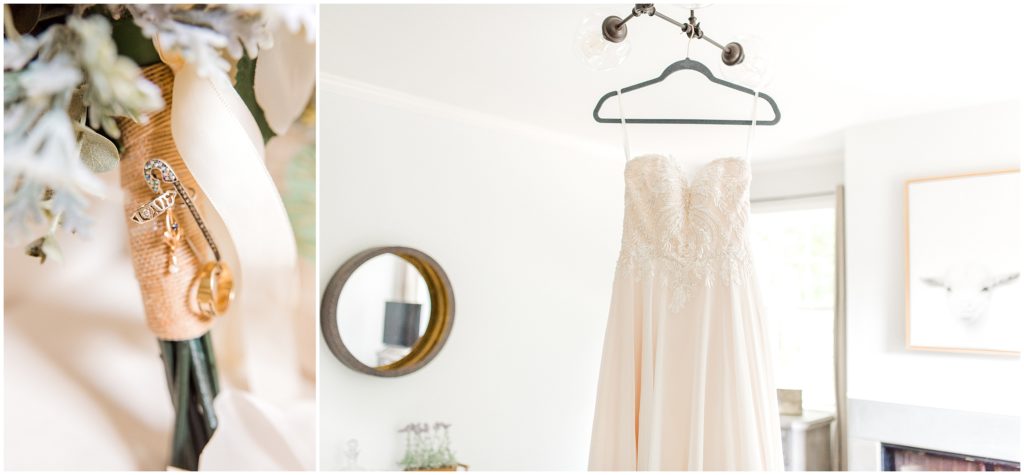 Hanging bridal gown in farmhouse venue